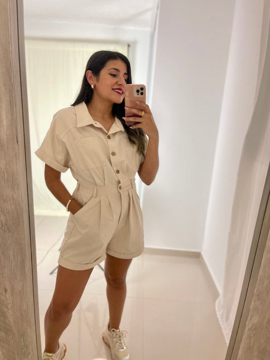 Beige Short Sleeve Romper